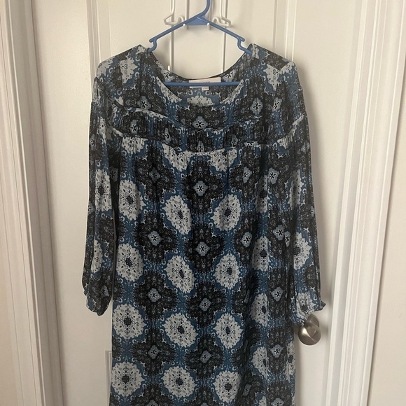 LOFT Blue and Black Patterned Midi Dress - Picture 1 of 3